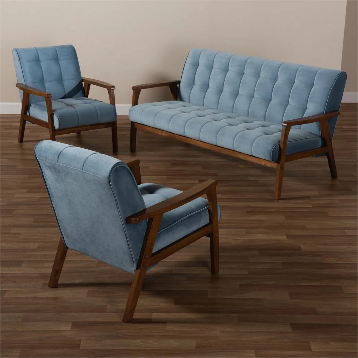 Light Blue Velvet Upholstered Wood 3-Piece Living Room Set L338