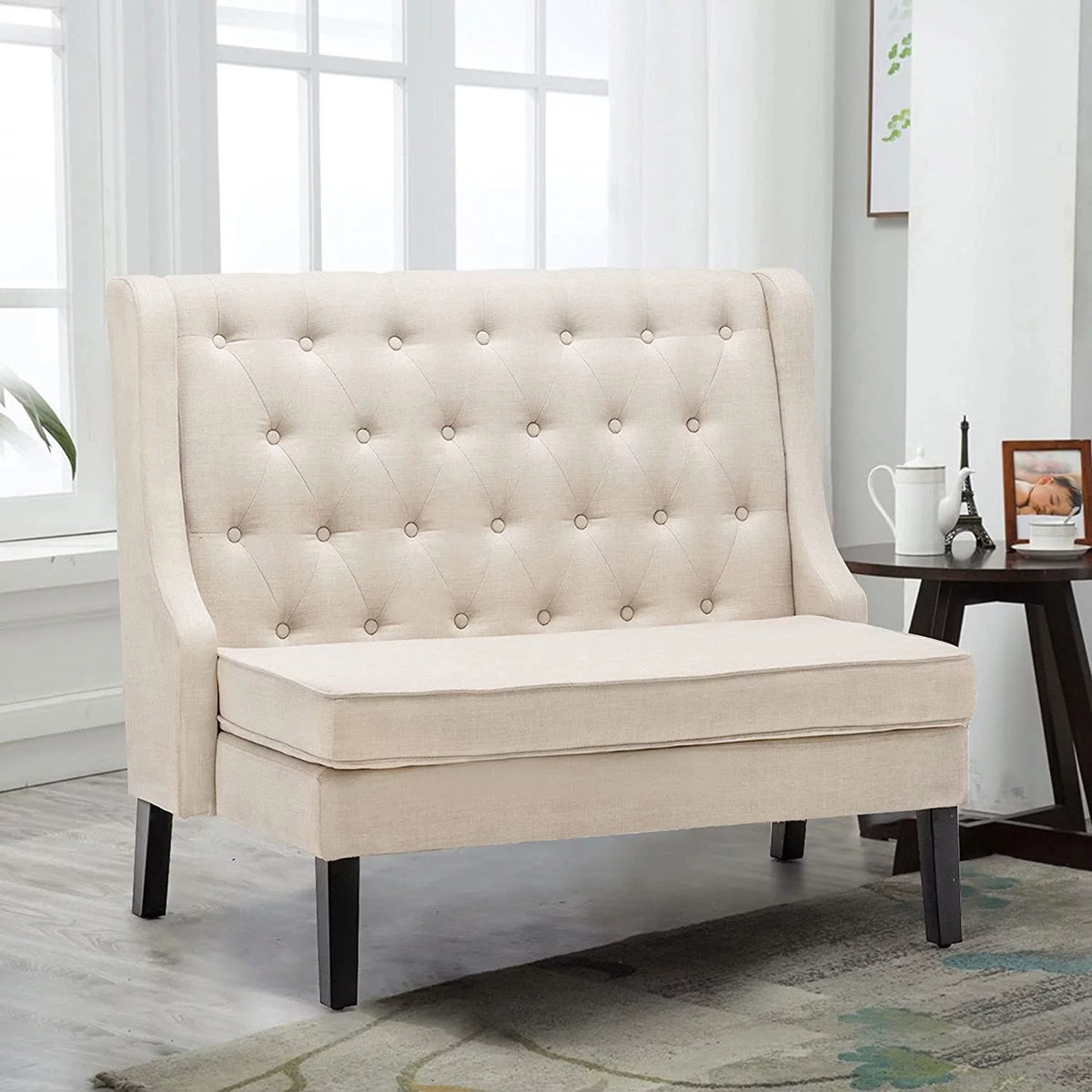 Light Grey Upholstered Loveseat Bench with Rattan Arms P1622