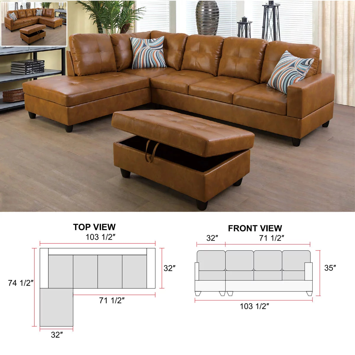 Ginger Leather L-Shaped Sectional Sofa with Chaise Storage Ottoman Q5648