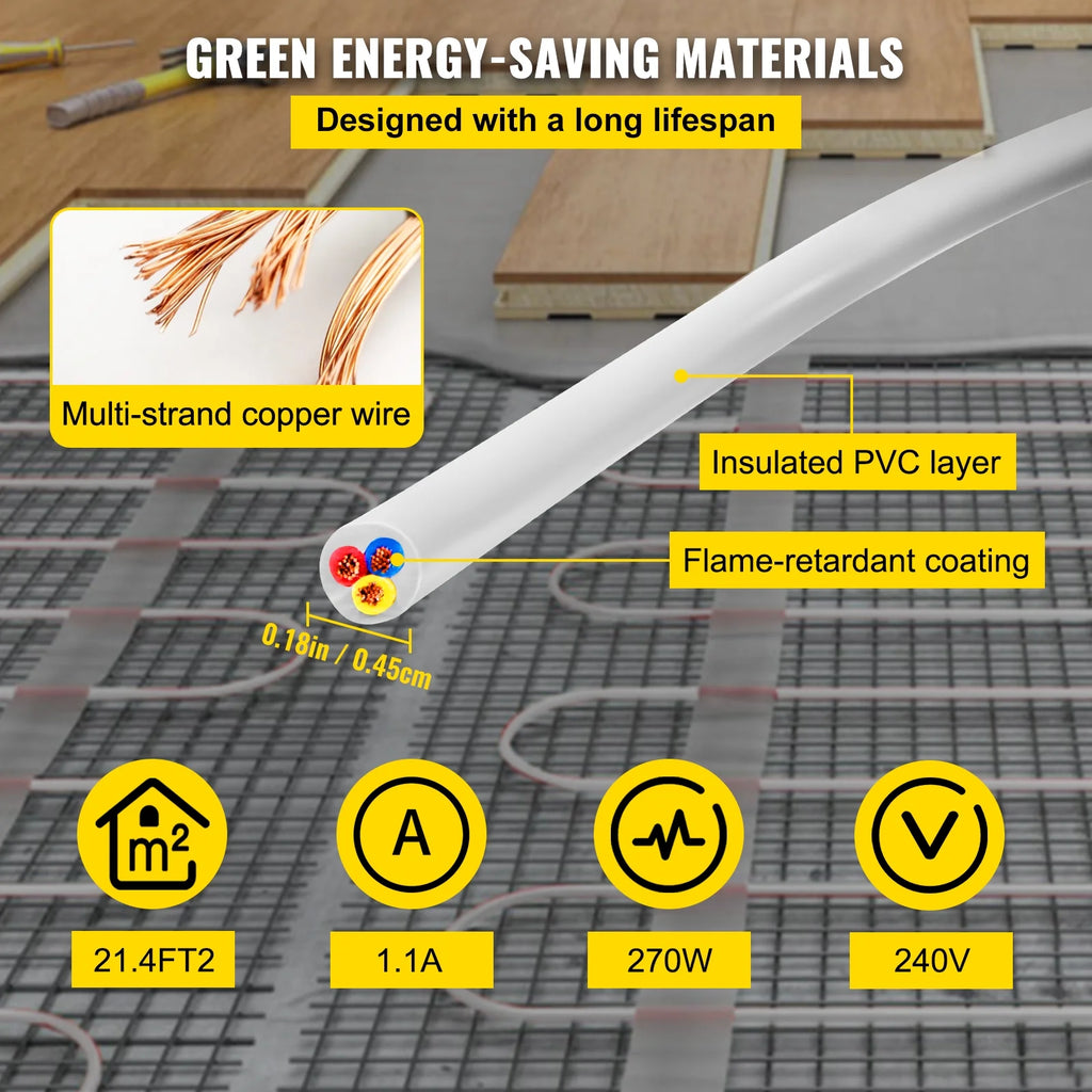 Floor Heating Cable 21.4 Square Feet Waterproof Insulated with Temperature Control Panel D402
