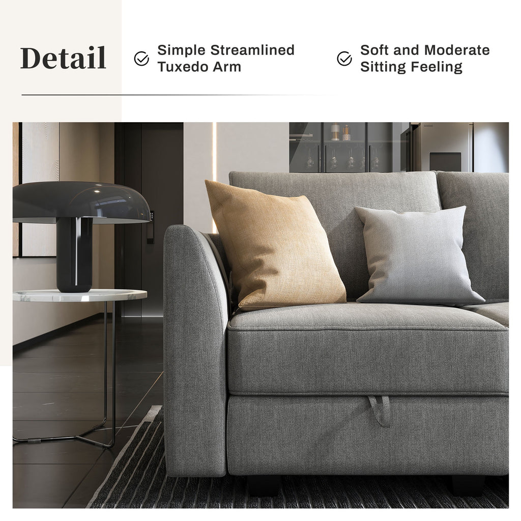 Grey Convertible Sleeper Sofa Bed with Storage Ottomans E98144