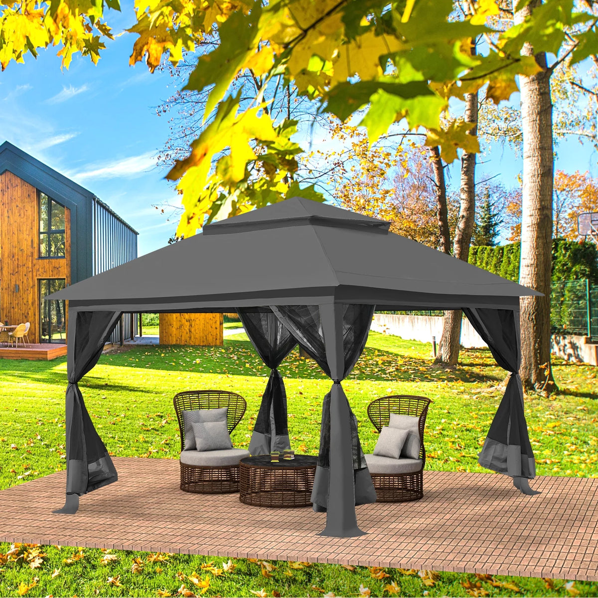 13 x13 ft Pop up Gazebo Canopy Shelter with Mosquito Netting, Brown J911133