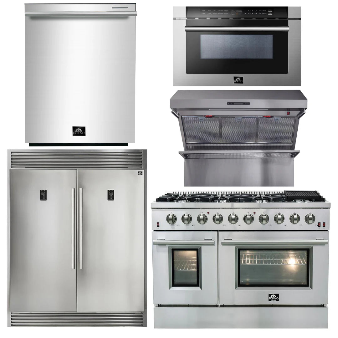 48 Inch Gas Range, Wall Mount Range Hood, Refrigerator, Microwave Drawer, Dishwasher B767