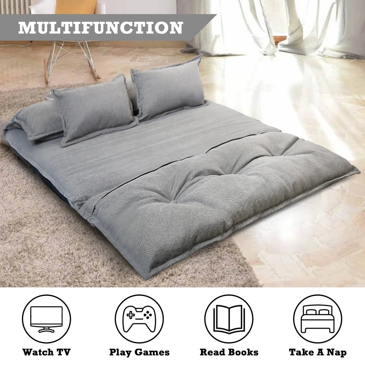 Adjustable Floor Sofa Bed with 2 Pillows Deep Grey T167