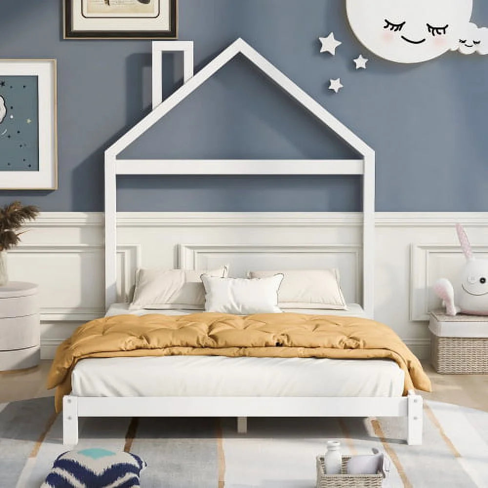 White Full Size Wood Platform Bed with House-shaped Headboard U8507